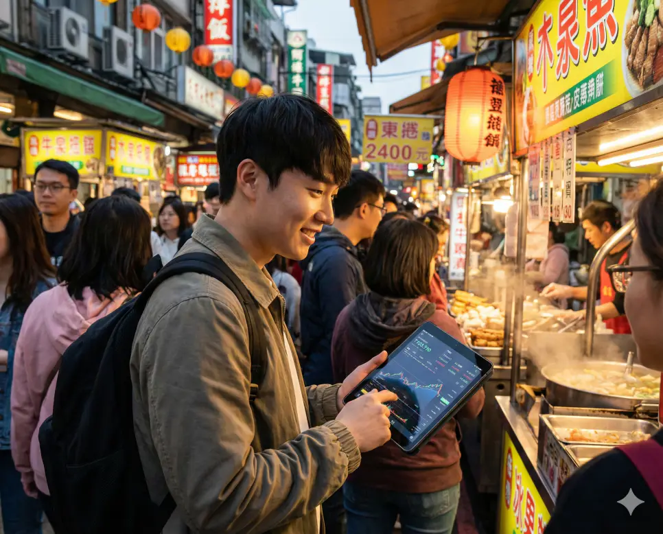 대만 환율 계산 기능을 통해 야시장에서 다양한 길거리 음식의 가격을 원화로 즉시 변환해보며 즐거워하는 모습입니다.
