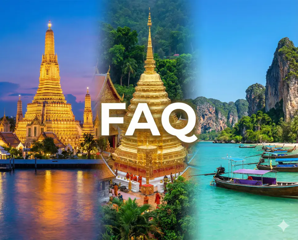 방콕과 치앙마이 전경이 어우러진 배경 위에 FAQ 문구가 포함된 실시간 태국 주요 도시 현재시간 및 시차 정보 자주 묻는 질문 안내 이미지