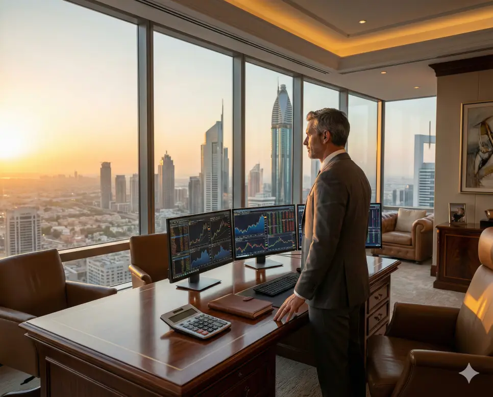 성공한 자산가의 오피스에서 다양한 금융 지표의 증감률과 변화를 검토하는 성공 테마의 실사 이미지입니다.
