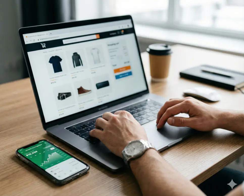 미국환율계산기를 활용해 해외 직구 사이트의 상품 가격을 원화로 즉시 변환해 보며 쇼핑하는 모습의 이미지입니다.