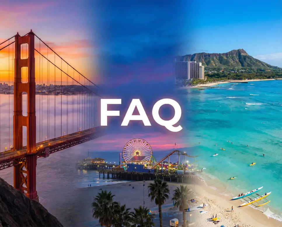 샌프란시스코와 LA 전경이 어우러진 배경 위에 FAQ 문구가 포함된 실시간 미국 서부 및 태평양 주요 도시 현재시간 및 시차 정보 자주 묻는 질문 안내 이미지