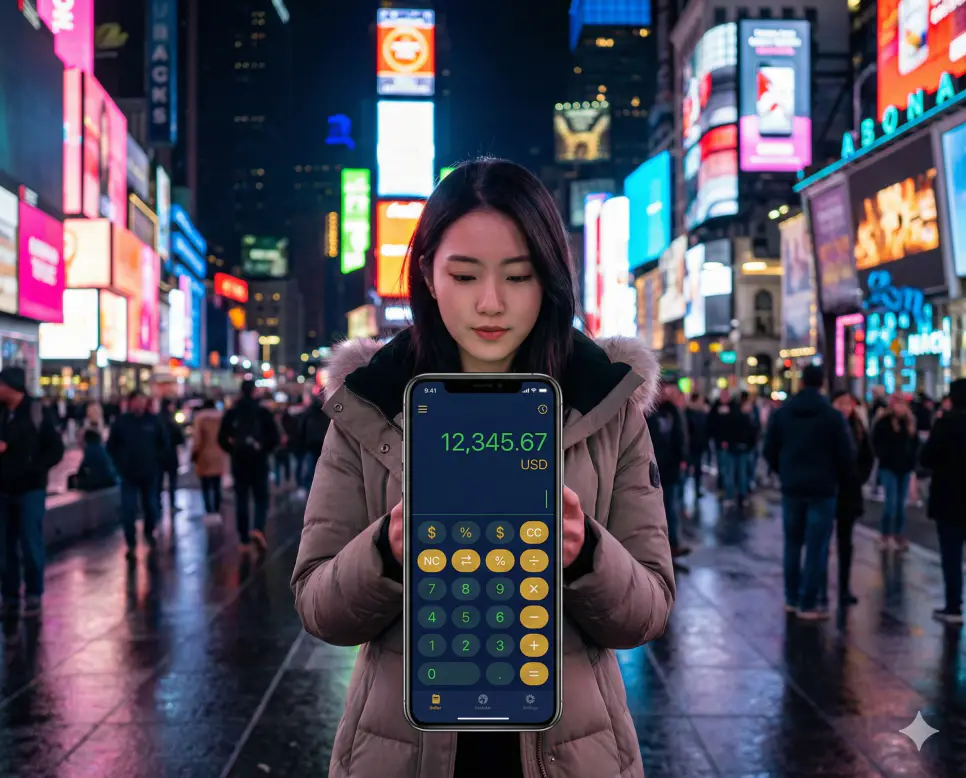 달러 환율 계산기를 사용해 미국 현지에서 실시간으로 환율을 확인하며 여행을 즐기는 스마트한 여행객의 실사 이미지입니다.