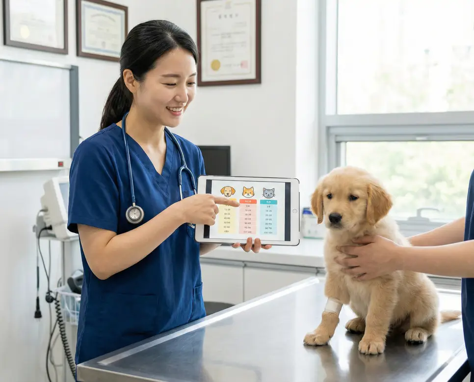 강아지 나이계산 및 고양이 나이계산의 최신 수의학적 기준을 설명하는 전문적인 분위기의 이미지입니다.