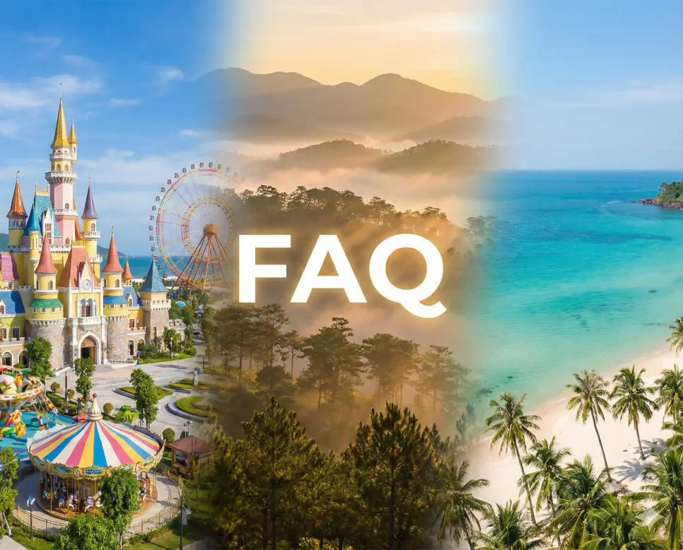 나트랑과 달랏 전경이 어우러진 배경 위에 FAQ 문구가 포함된 실시간 베트남 주요 휴양지 현재시간 및 시차 정보 자주 묻는 질문 안내 이미지
