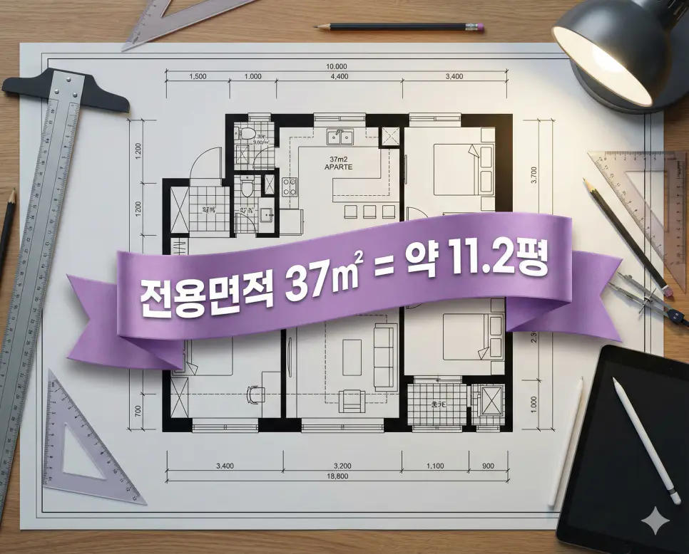 전용면적 34 35 37 38 41 (제곱미터 m2) 몇평인지 확인 정확한 평수 정리 2 생생한 도면 배경 위 라일락 퍼플 띠 배너에 전용면적 37㎡와 약 11.2평 수치를 고딕체로 깔끔하게 넣은 전문가용 분석 자료
