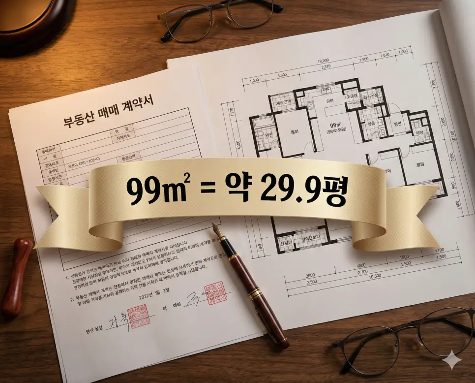 전용면적 89 99 200 (제곱미터 m2) 대형 평형대 분석! 몇평이고 실생활 면적별 평수는 얼마? 2 매매 계약서와 대형 도면 배경 위 골드 띠 배너에 전용면적 99㎡와 약 29.9평 수치를 고딕체로 넣은 전문가용 분석 사진