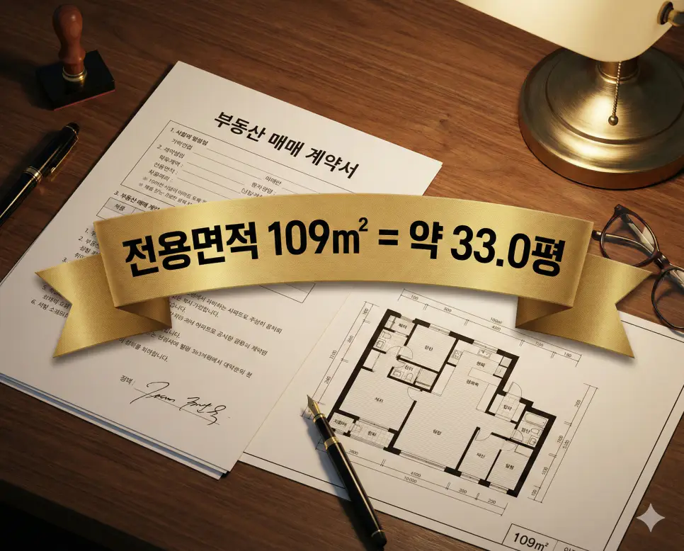 전용면적 101 104 109 111 114 (제곱미터 m2) 면적별 정확한 몇평? 부동산 계약 전 필수 평수 체크 2 계약서와 도면 배경 위 앤틱 골드 띠 배너에 전용면적 109㎡와 약 33.0평 수치를 고딕체로 넣은 부동산 전문가 분석 자료
