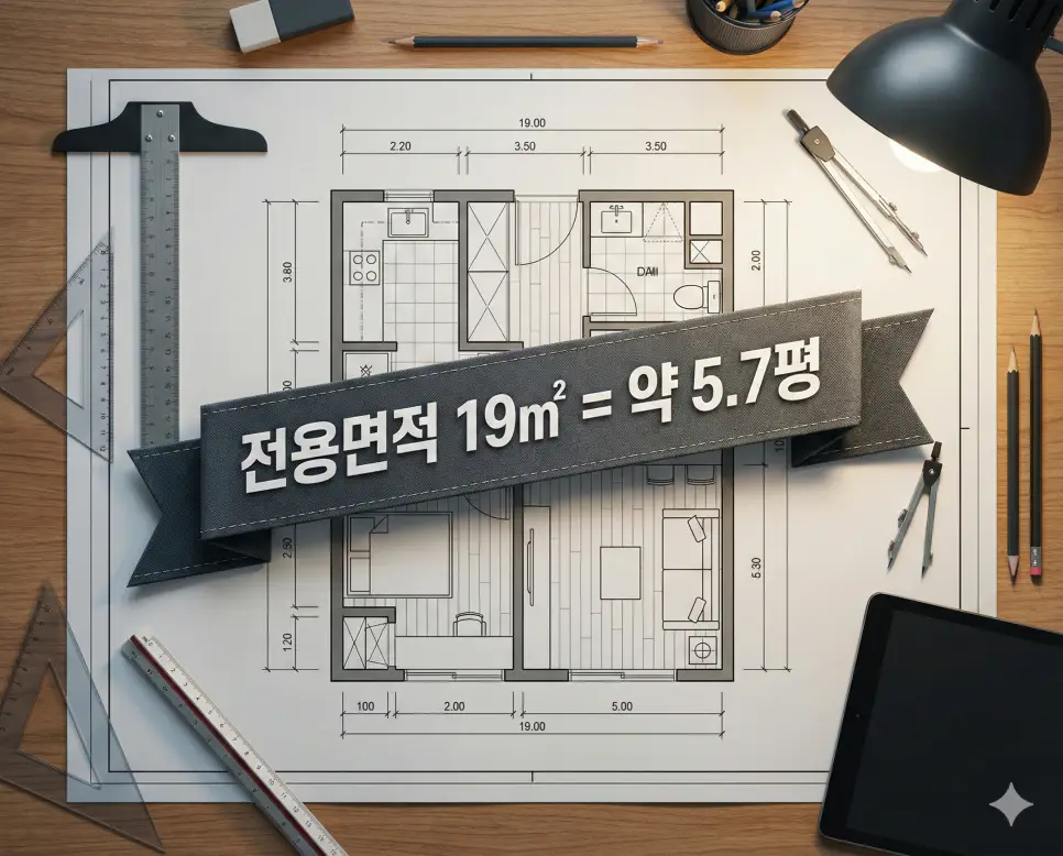 전용면적 10 15 19 21 24 (제곱미터 m2) 과연 몇평일까? 원룸 오피스텔 상세 평수 정리 2 생생한 도면 배경 위 다크 그레이 띠 배너에 전용면적 19㎡와 약 5.7평 수치를 고딕체로 깔끔하게 넣은 전문가용 분석 자료