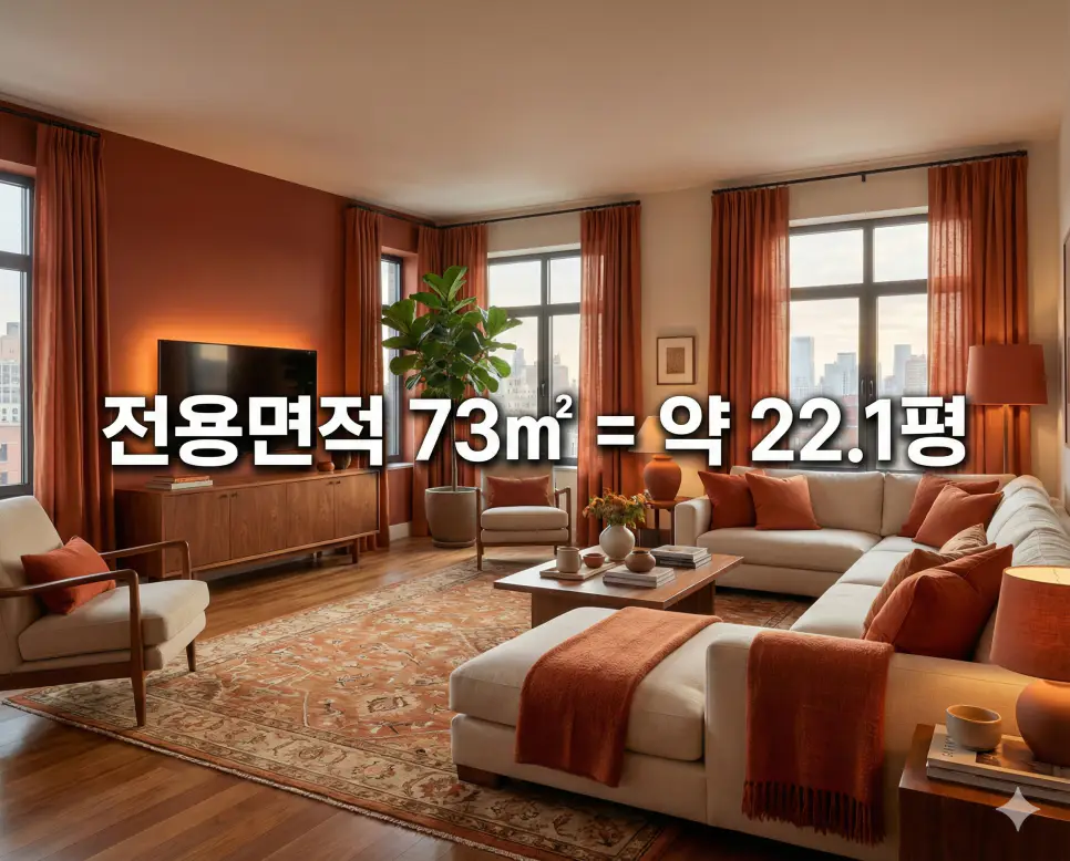 전용면적 73 76 77 78 79 (제곱미터 m2) 몇평일까? 30평대 진입 평수 환산 가이드 1 전용면적 73m2 몇 평인지 30평대 진입 거실 배경 위에 텍스트로 안내하는 정보성 이미지