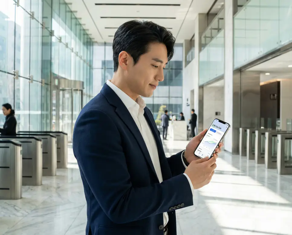 3.3% 계산기 : 세금 3.3% 계산기로 프리랜서 실수령액 바로 확인하기 3 3.3% 계산기 앱을 통해 효율적으로 수입을 관리하며 경제적 계획을 세우는 직장인의 모습