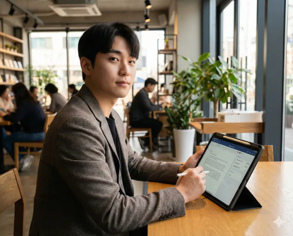 글자수 계산 및 글자수 확인 도구를 사용하여 외부에서도 편리하게 원고를 체크하는 스마트한 집필 모습입니다.