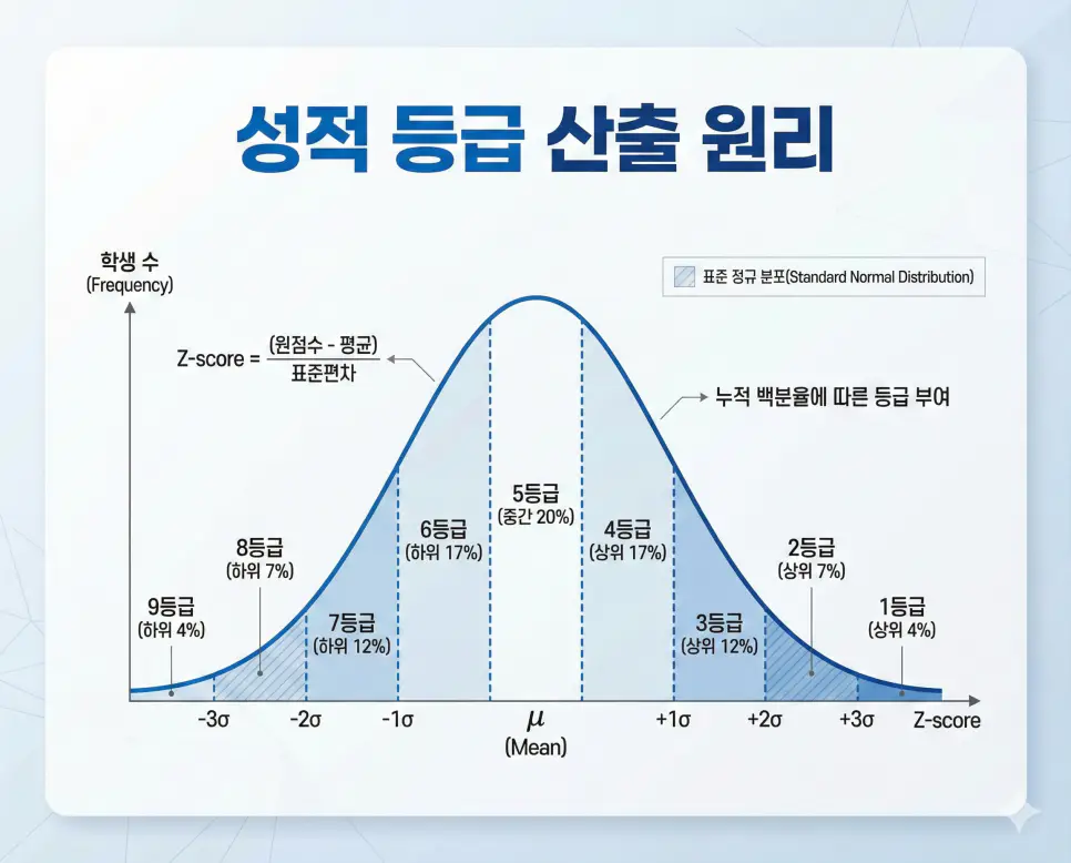 등수 계산기 : 내신 석차 계산기 및 성적 등급 정밀 분석기 (Z점수) 2 표준점수(Z-Score)와 정규분포를 활용한 성적 등급 산출 및 석차 계산 원리 인포그래픽