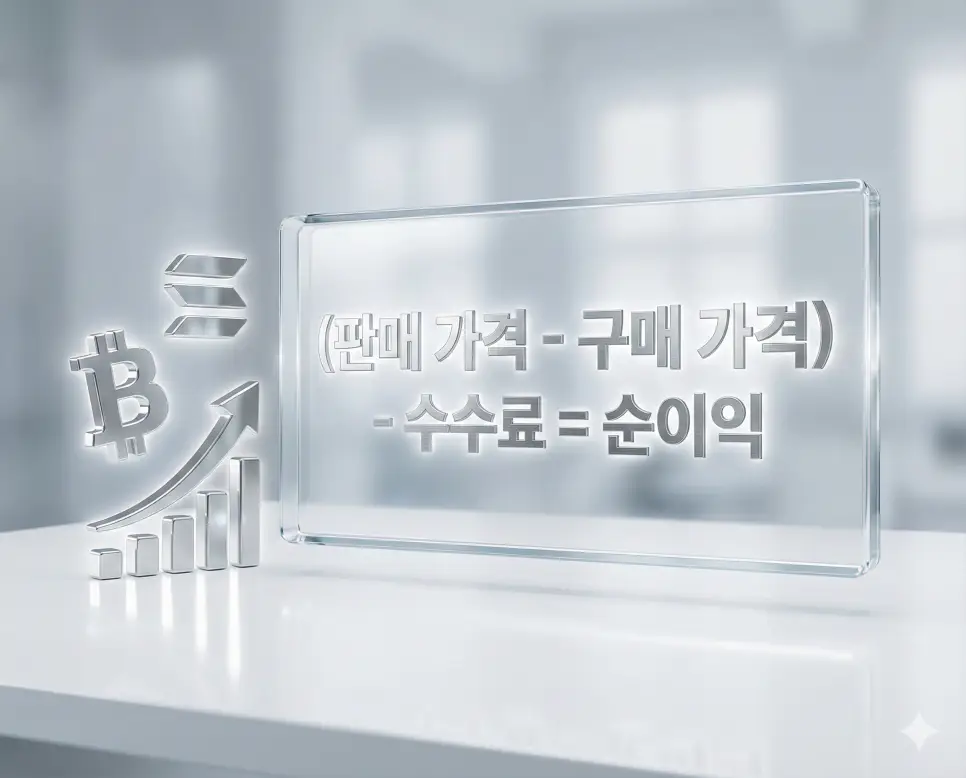 매수 평균 단가와 거래 수수료를 반영하여 코인 투자의 손익분기점과 최종 실현 손익을 계산하는 공식을 정리한 인포그래픽