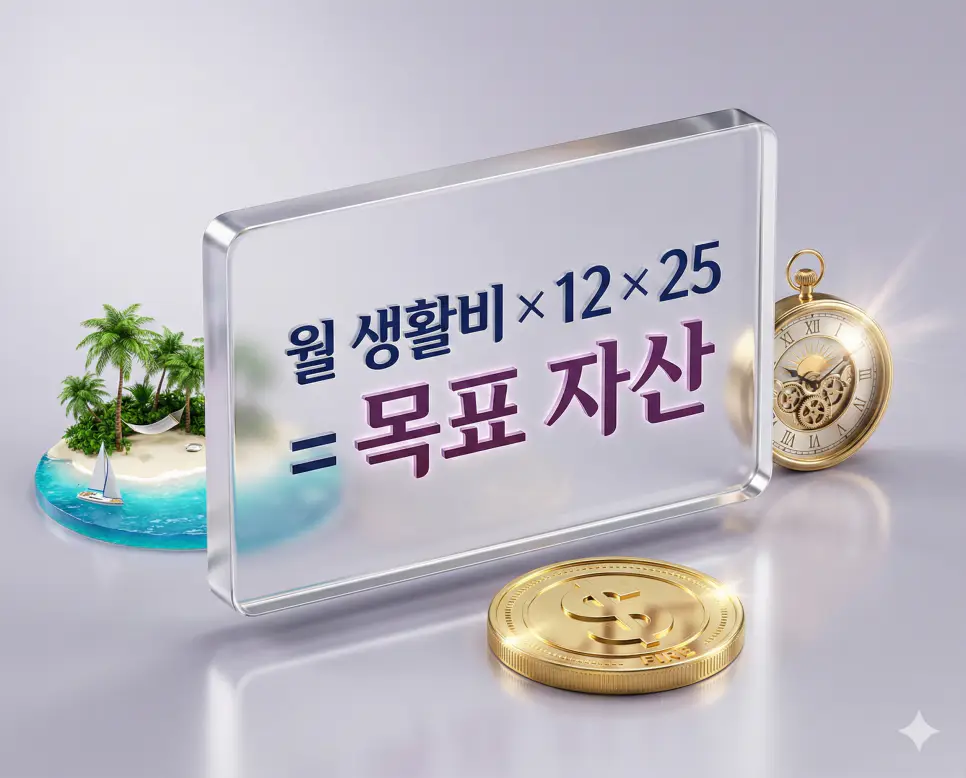 낙원 계산기 - 은퇴 설계 및 경제적 자유를 위한 자산 시뮬레이션 2 4% 룰을 기반으로 은퇴 후 필요한 목표 자산인 파이어 넘버(FIRE Number)를 산출하는 계산 공식 인포그래픽