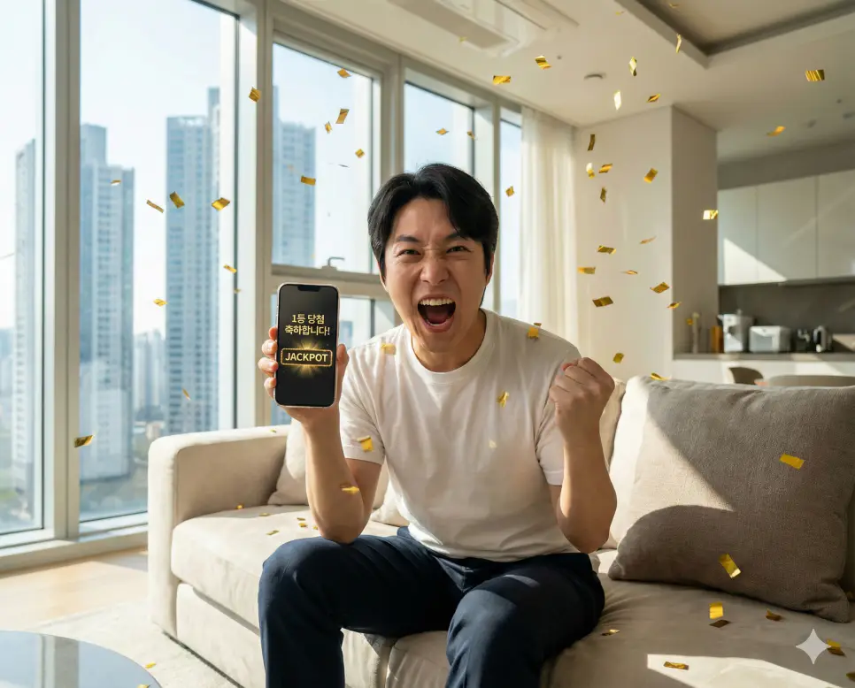 로또 번호 뽑기 프로그램을 통해 생성된 행운의 숫자로 1등 당첨을 확인하고 기뻐하는 사용자의 모습