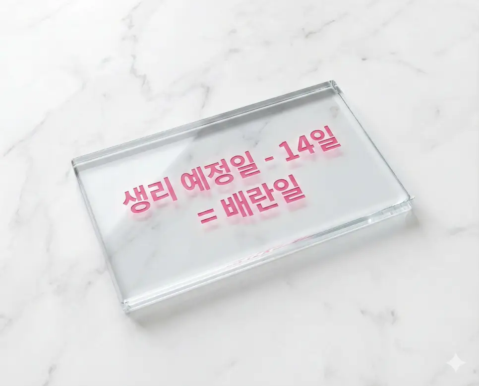 생리 예정일을 기준으로 배란일을 산출하는 가임기 계산 공식을 깔끔한 화이트 톤으로 정리한 인포그래픽