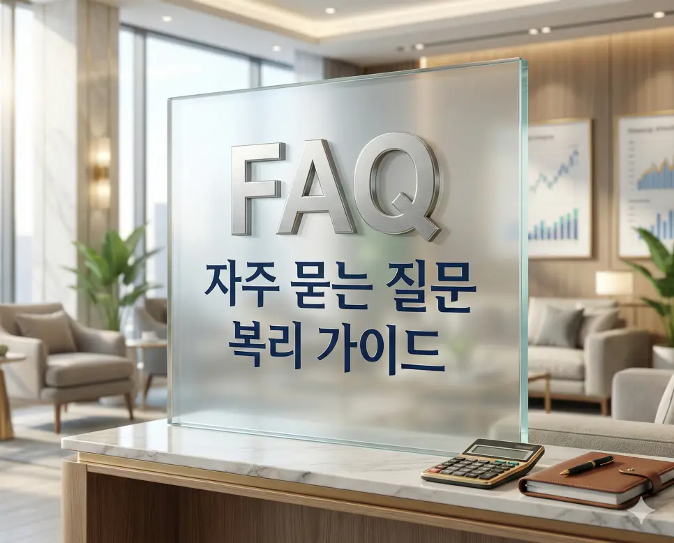 연복리 월복리 일복리 이자 계산기 - 간편 복리 계산기 4 복리 계산기 사용 시 주의사항과 이자 계산법 등 주요 정보를 세련된 금융 인테리어 배경과 함께 정리한 FAQ 섹션