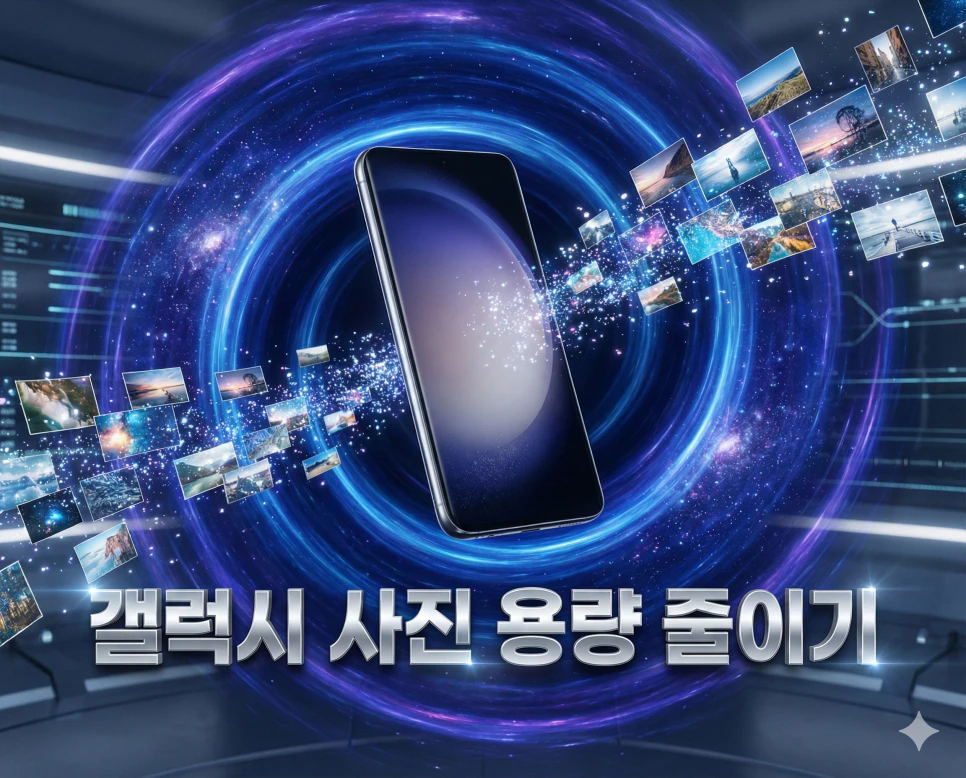 갤럭시 사진 용량 줄이기 기능을 시각화한 세련된 딥 블루 광원과 실버 3D 타이틀 이미지