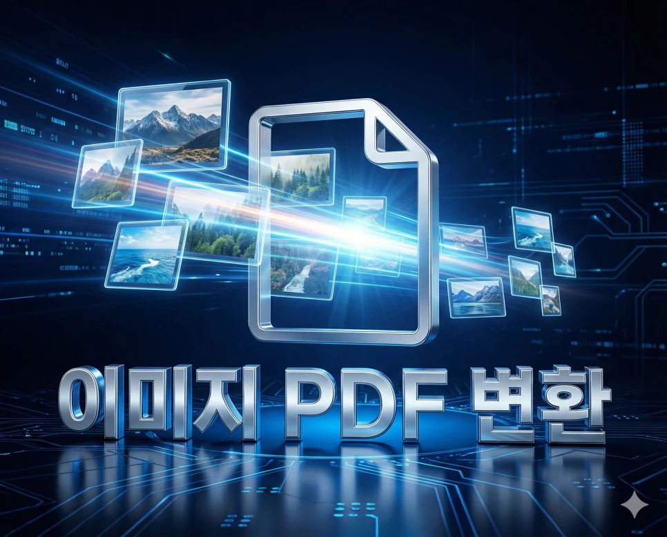 여러 장의 사진을 PDF로 변환하는 기능을 시각화한 프리미엄 다크 테마의 3D 타이틀 이미지