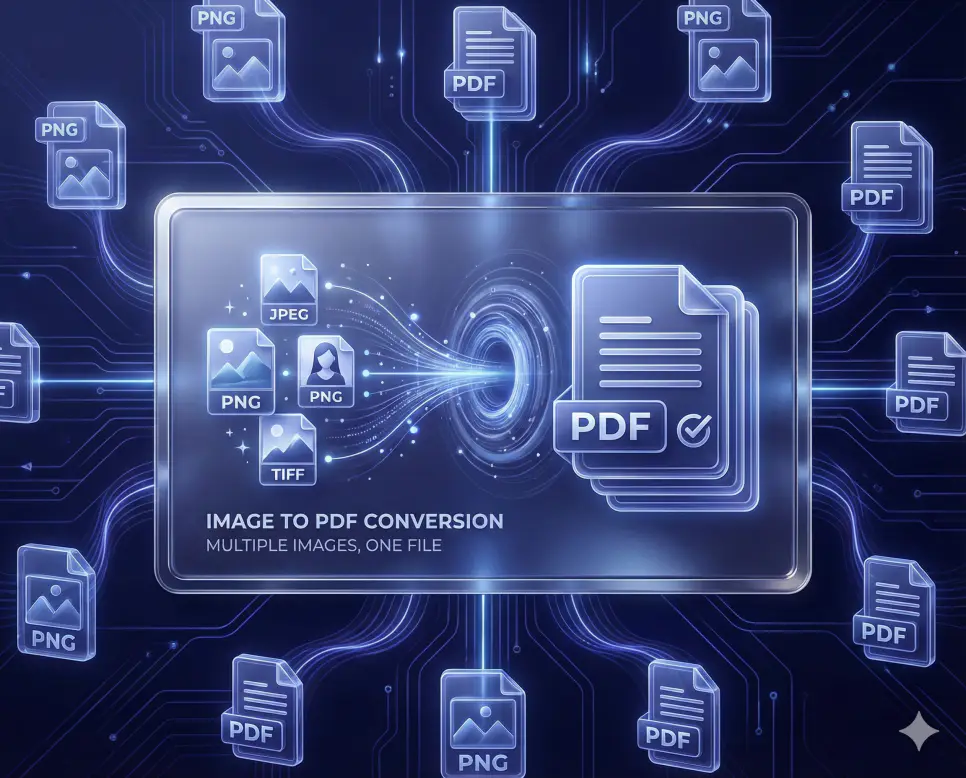 PNG PDF 변환 및 여러 장의 이미지를 하나의 PDF로 합치기 2 여러 장의 PNG 이미지를 화질 저하 없이 하나의 PDF 문서로 병합하는 과정을 시각화한 전문적인 테크 아이콘 일러스트
