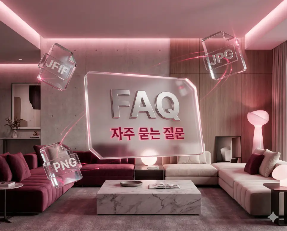 JFIF JPG 변환 : 구글 이미지 오류 해결! 1초 만에 무료 변환기 4 고급스러운 라운지 배경에 문서 포맷 아이콘 홀로그램이 배치된 JFIF 변환 가이드 FAQ 섹션