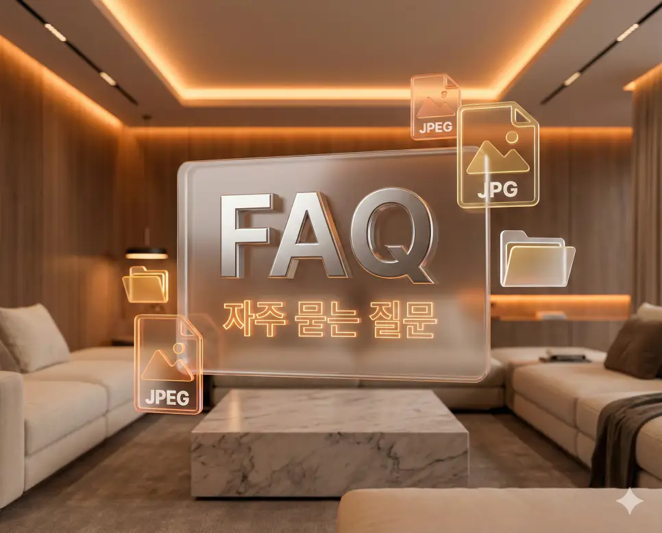 상큼한 오렌지색 배경에 아이콘 홀로그램이 배치된 JPEG 변환 방법 및 이미지 저장 가이드 FAQ 섹션