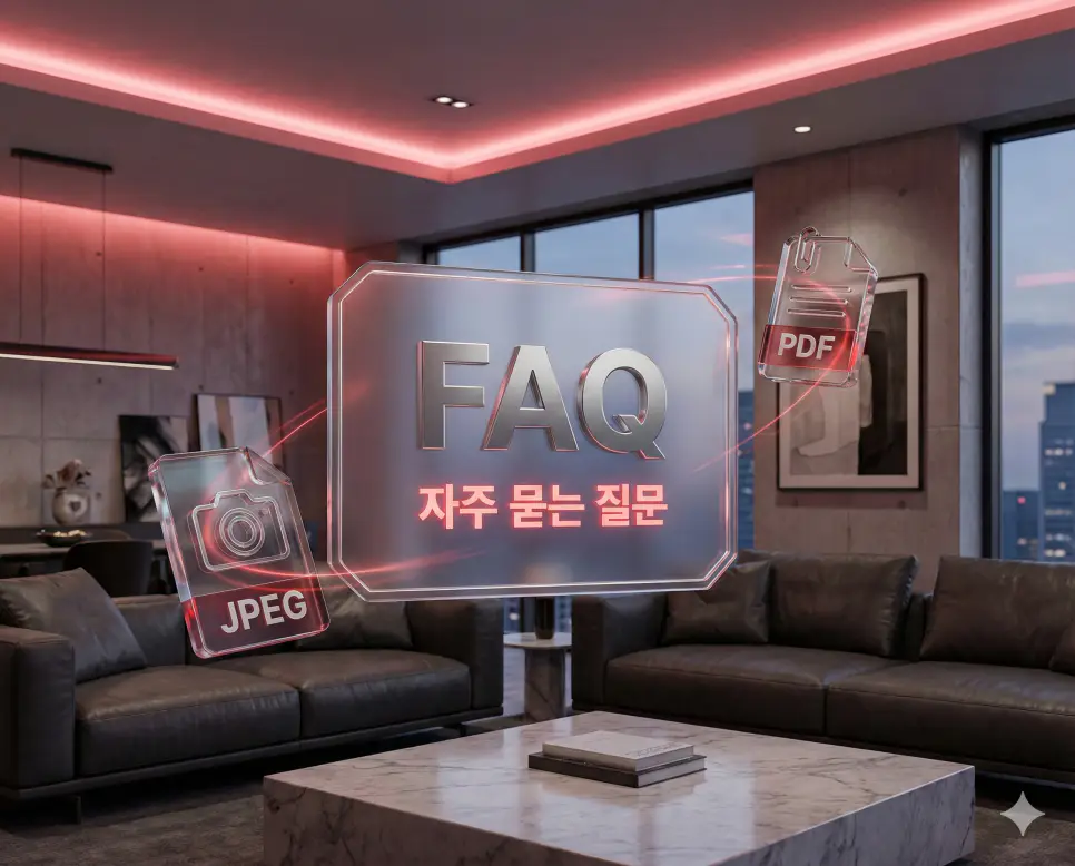 JPEG PDF 변환 : 프로그램 설치 없는 고화질 무료 변환 및 사진 합치기 4 미니멀한 오피스 배경에 문서 포맷 아이콘 홀로그램이 배치된 JPEG PDF 변환 방법 및 가이드 FAQ 섹션