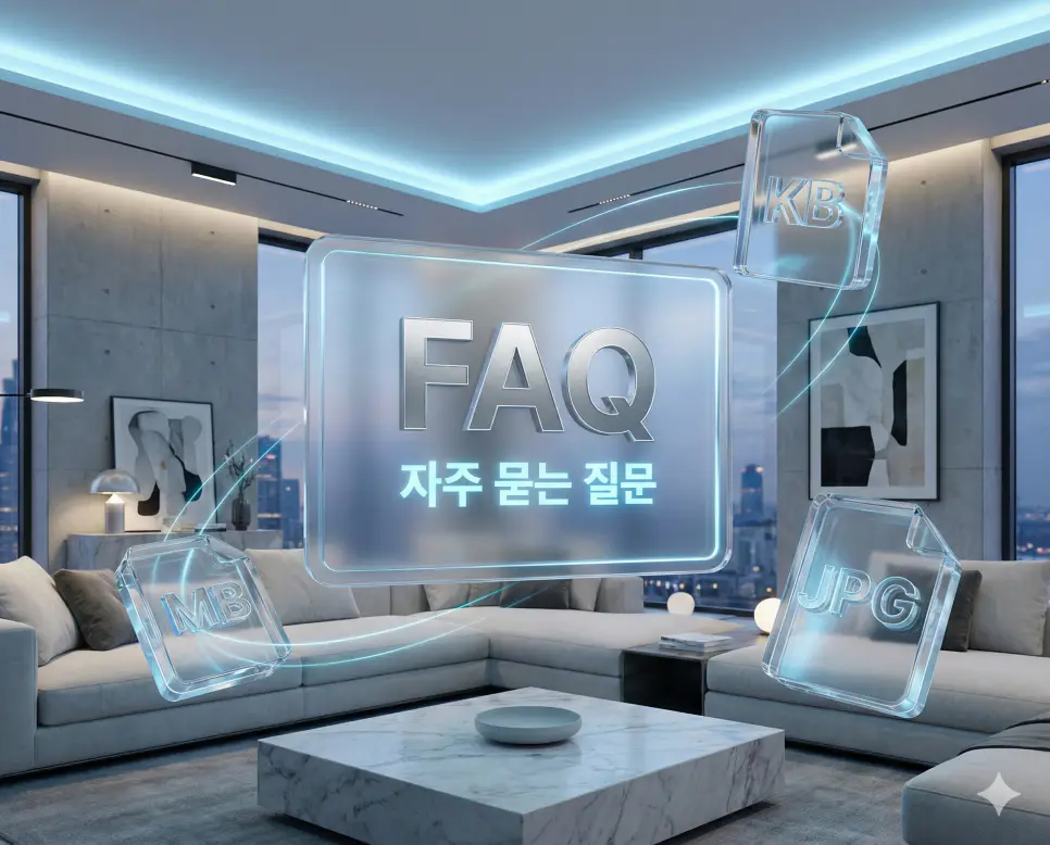 JPG 용량 줄이기 : 프로그램 설치 없는 사진 용량 줄이기 1초 해결 4 럭셔리한 라운지 배경에 용량 단위 아이콘 홀로그램이 배치된 이미지 압축 가이드 및 자주 묻는 질문 FAQ 섹션