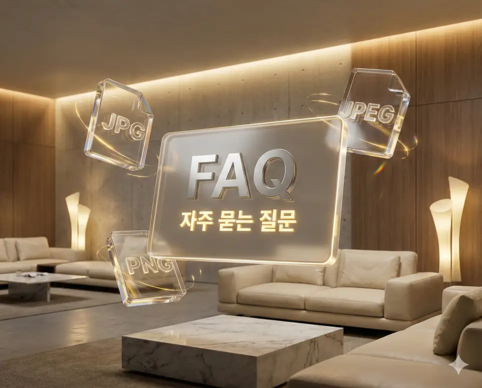 고급스러운 스튜디오 배경에 이미지 포맷 아이콘 홀로그램이 배치된 JPG JPEG 변환 가이드 FAQ 섹션