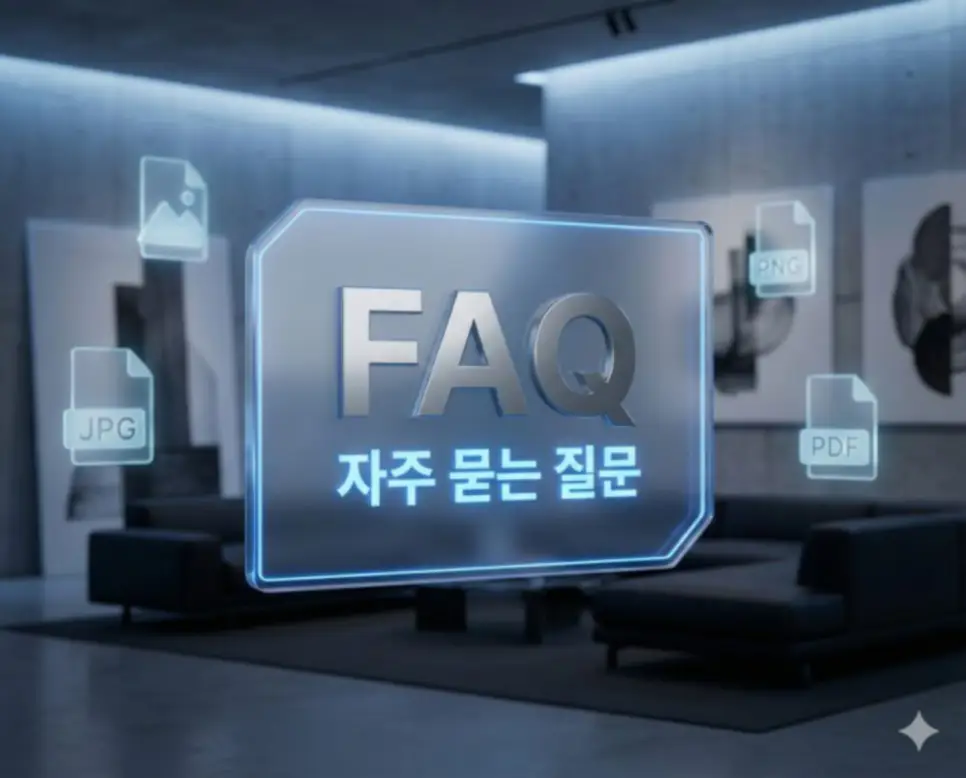신뢰감 있는 파란색 배경에 문서 아이콘 홀로그램이 배치된 이미지 PDF 변환 방법 및 문서 저장 가이드 FAQ 섹션