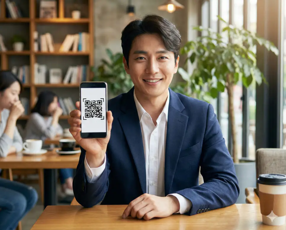 QR 코드 만들기: 고성능 QR 코드 생성기로 QR 코드 스캔 오류 없이 생성하기 3 카페에서 생성된 QR 코드를 활용해 자신의 블로그나 정보를 고객에게 간편하게 공유하는 한국인 사업가의 모습