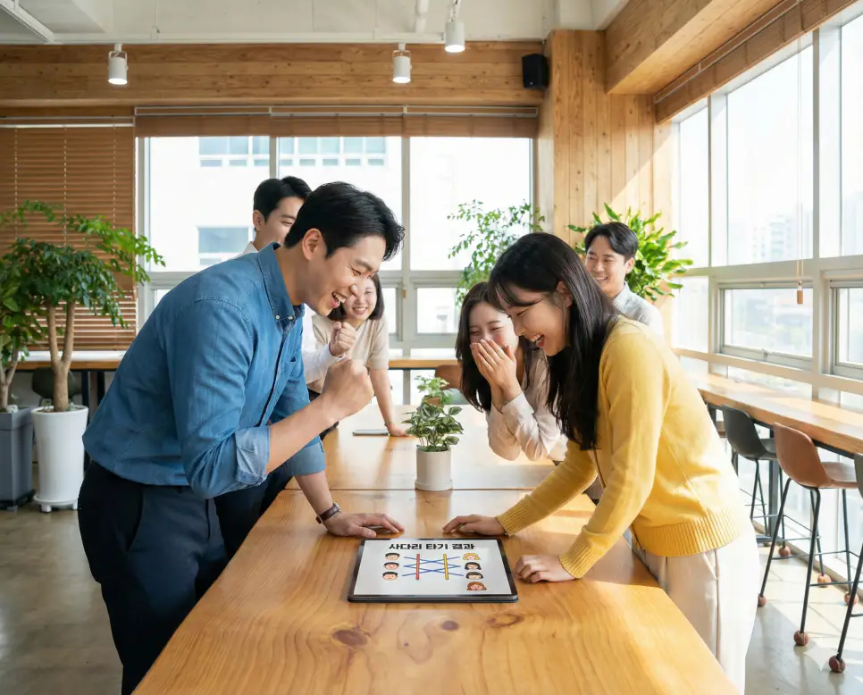 한국인 직장인들이 모여 사다리타기 게임으로 간식 내기 결과를 확인하며 즐거워하는 모습