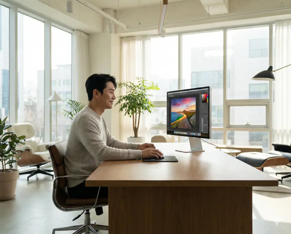 JPG PNG 변환 : 배경 투명 유지 및 고화질 무손실 변환 무료 도구 3 세련된 디자인 스튜디오에서 고해상도 모니터로 이미지 변환 작업을 수행하는 한국인 전문가의 모습