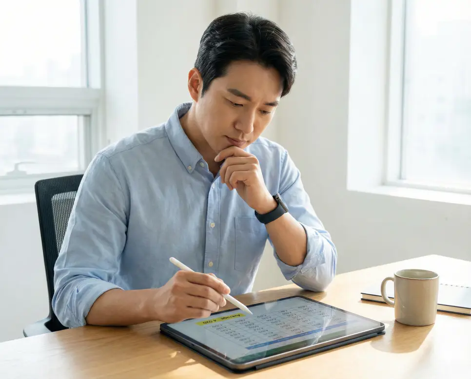 사무실에서 평균값 계산기를 활용해 업무 데이터를 정밀하게 분석하고 검토하는 한국인 전문가의 모습