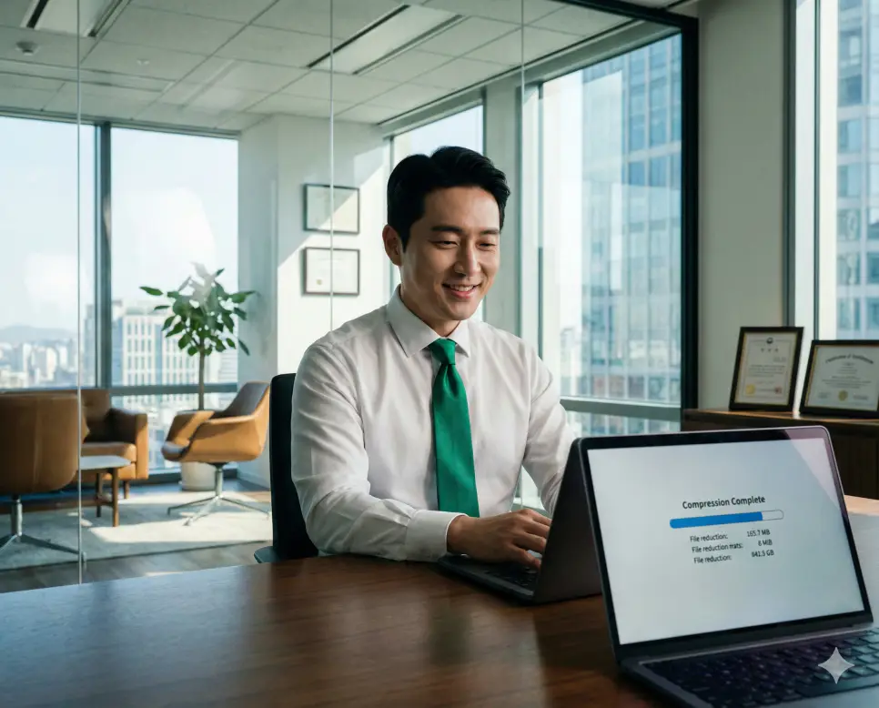 세련된 오피스에서 PDF 압축 도구를 활용해 대용량 문서를 최적화하고 업무 효율을 높이는 한국인 전문가의 모습