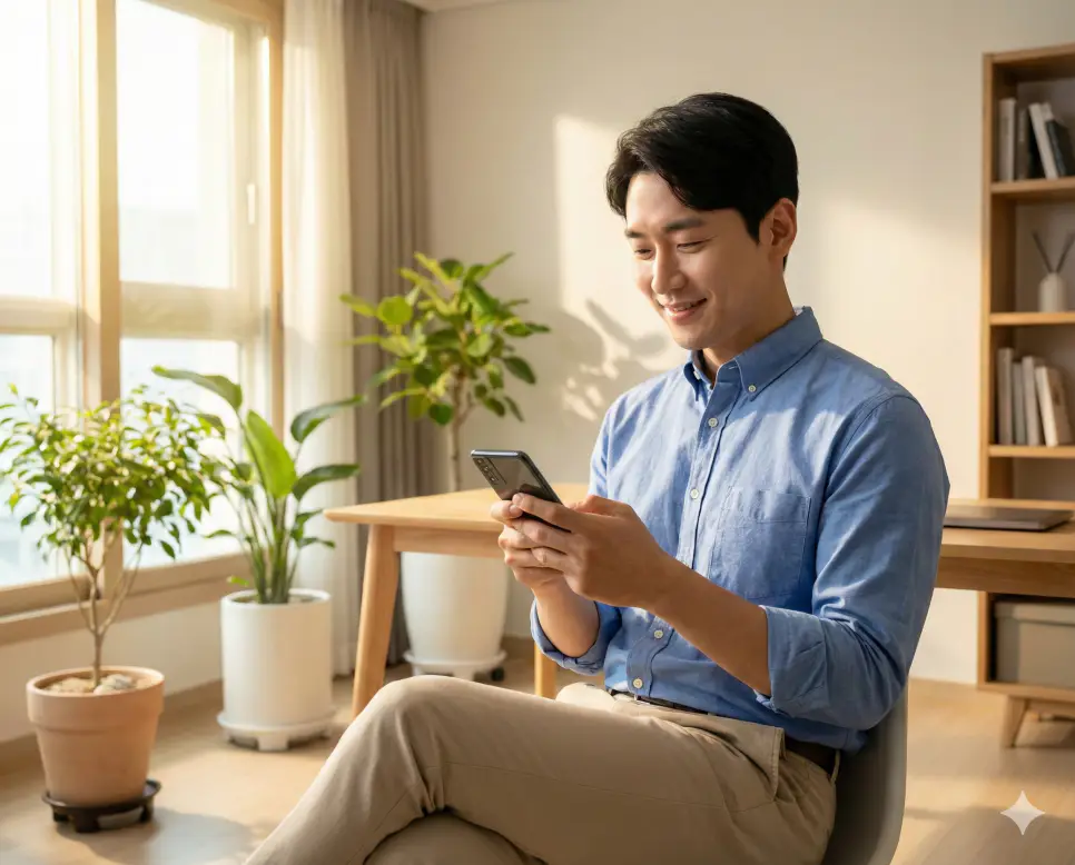 오늘의 명언 한 줄로 시작하는 활기찬 하루: 인생을 바꾸는 짧고 좋은 글귀 3 출근 전 스마트폰으로 오늘의 명언을 읽으며 활기차고 긍정적인 하루를 시작하는 한국인 남성의 모습