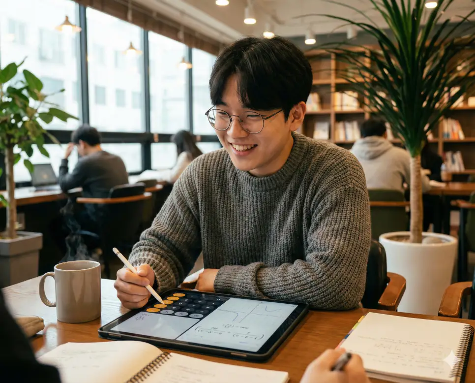 스터디 카페에서 분수 계산기 도구를 활용해 수학 문제를 쉽고 빠르게 해결하는 한국인 대학생의 모습