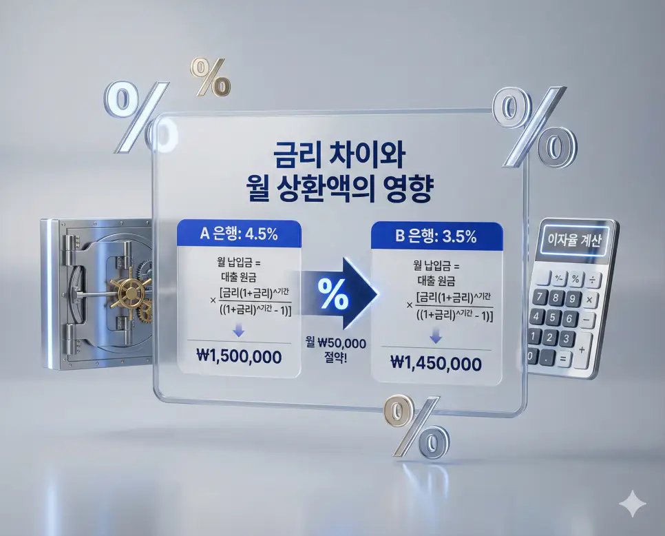 2억 대출 이자 계산기 - 금리별 월 상환액 및 총 이자 완벽 비교 2 대출 금리가 0.5%에서 1% 변화할 때 총 이자 비용과 월 납입금의 증감률을 설명하는 금융 인포그래픽 자료