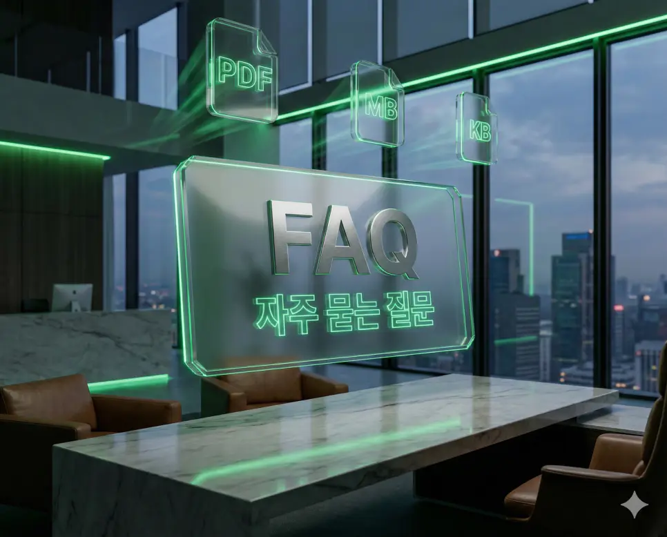 럭셔리한 펜트하우스 배경에 문서 용량 단위 아이콘 홀로그램이 배치된 PDF 최적화 가이드 FAQ 섹션