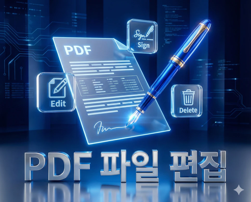 PDF 파일 편집 무료 : 프로그램 설치 없는 초간단 PDF 파일 편집 및 수정 도구 1 로열 블루 테마의 프리미엄 PDF 파일 편집 도구를 시각화한 3D 디지털 펜과 문서 아이콘 이미지