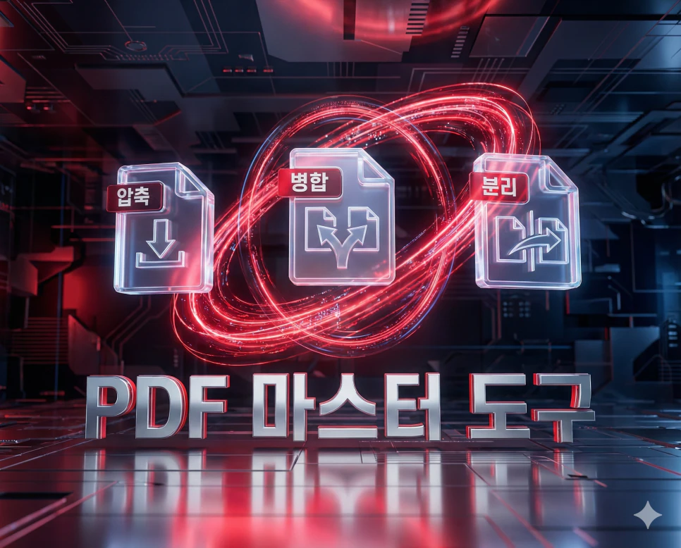 PDF 용량 압축, 병합, 분리 기능을 하나로 합친 올인원 PDF 마스터 도구의 3D 타이틀 이미지