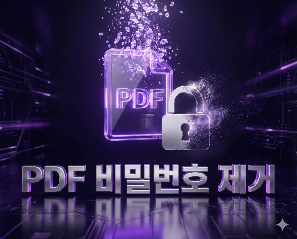 PDF 비밀번호 제거 : 매번 입력하는 PDF 암호 제거 및 영구 저장 도구 1 PDF 비밀번호 제거 기능을 시각화한 우아한 퍼플 그라데이션 광원과 금속 재질의 열린 자물쇠 3D 이미지