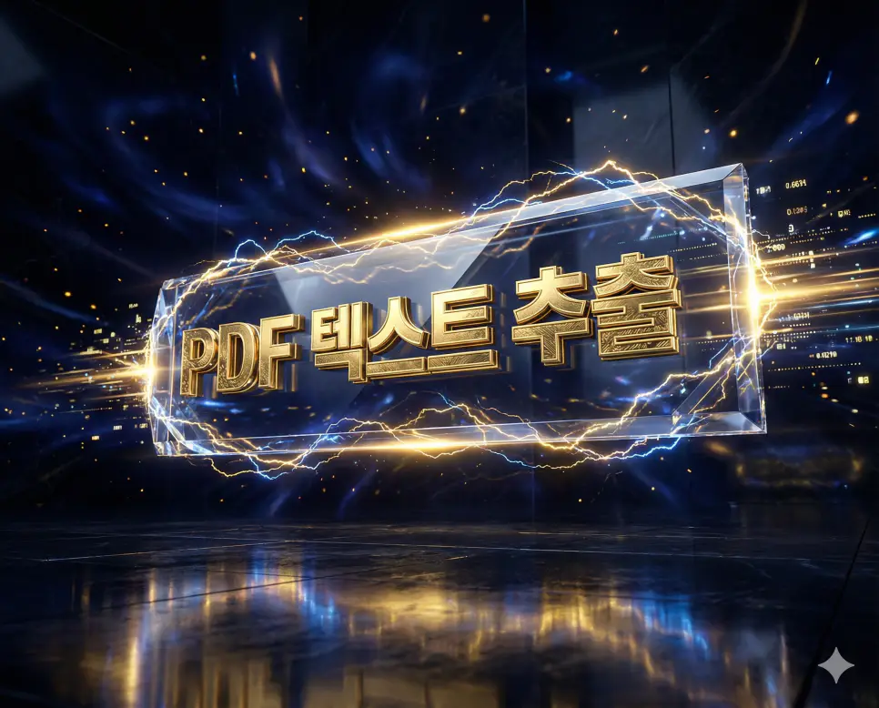 웅장한 골드 3D 타이틀과 화려한 광원 효과로 압도적인 분위기를 연출한 PDF 텍스트 추출 메인 비주얼