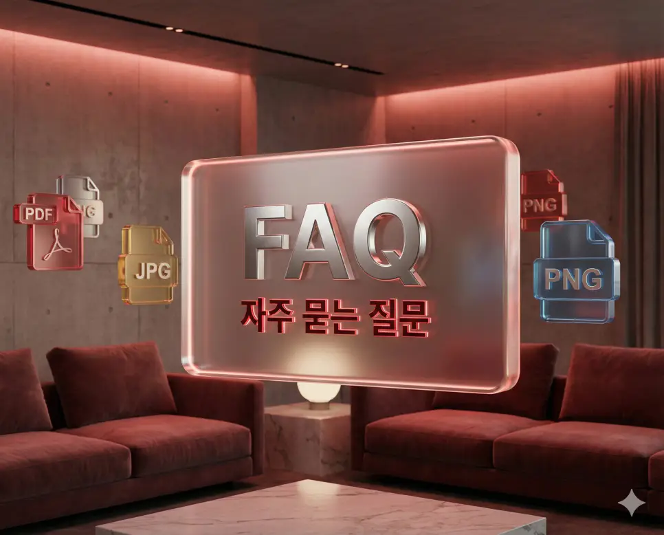 문서 아이콘 홀로그램이 배치된 세련된 실사 배경의 PDF JPG 변환 가이드 및 자주 묻는 질문 FAQ 섹션