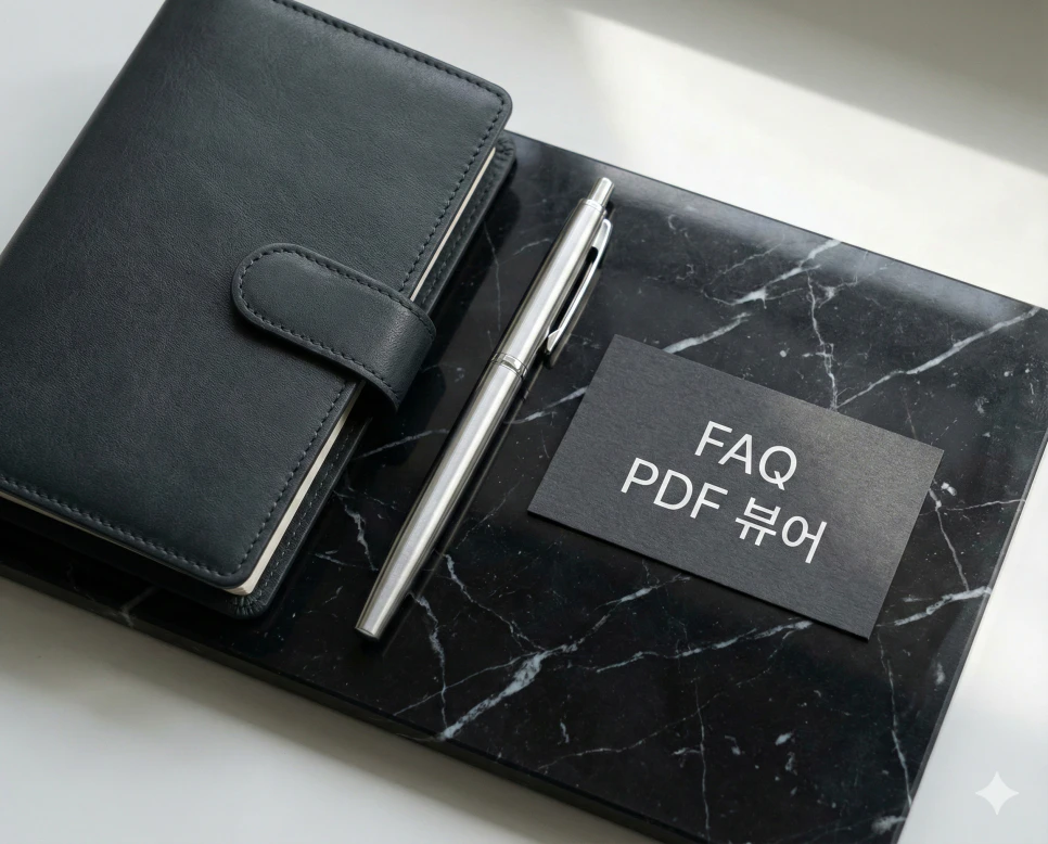 A minimalist flat-lay of a luxury dark leather planner and a sleek silver pen on a black marble surface. A small, elegant dark gray card has the text "FAQ" and "PDF 뷰어" printed in a crisp, white modern Korean font. High-end aesthetic, soft ambient lighting. 8k resolution. NO WHITE BACKGROUND. 966x780px.