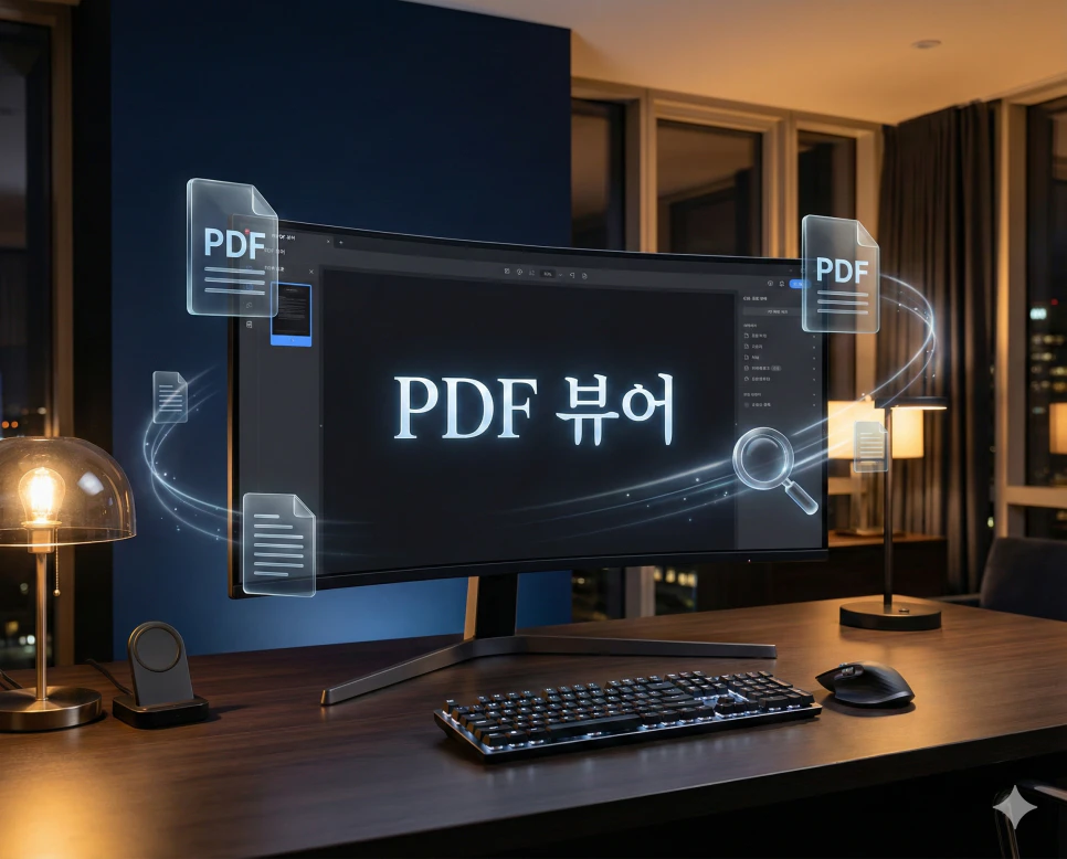 미드나잇 블루 테마의 럭셔리 오피스 데스크와 글로잉 텍스트가 돋보이는 PDF 뷰어 메인 비주얼