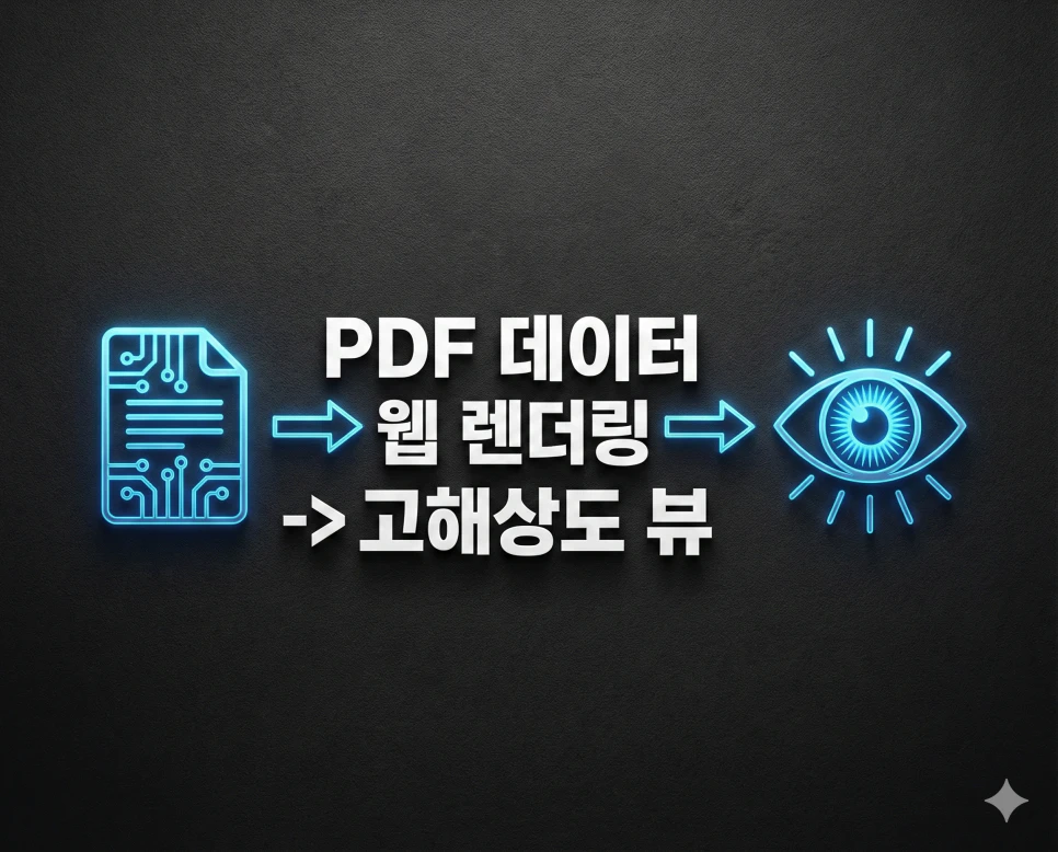 PDF 데이터를 웹에서 고화질로 렌더링하여 보여주는 기술적인 인포그래픽 디자인
