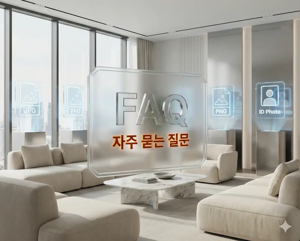 사진 용량 줄이기: 증명사진 · 아이폰 · 휴대폰 · 핸드폰 · 컴퓨터 · 그림판 사진 용량 줄이기 4 밝고 화사한 라운지 배경에 사진 포맷 아이콘 홀로그램이 배치된 휴대폰 사진 용량 줄이기 가이드 FAQ 섹션