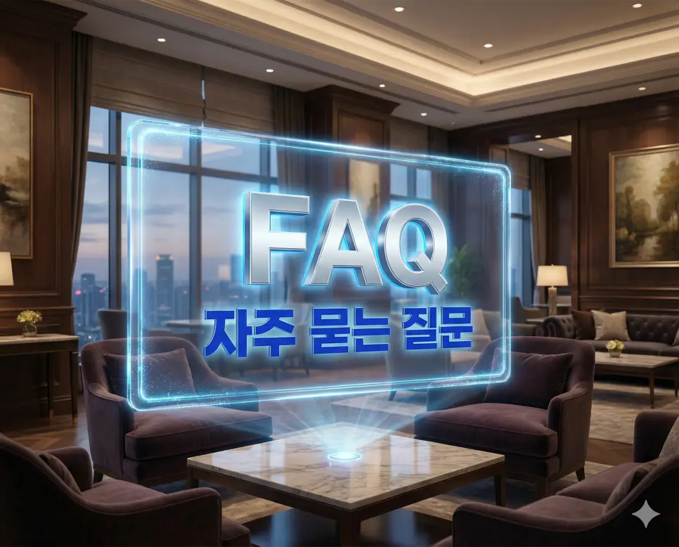 로열 블루 톤의 프리미엄 라운지 배경에 문서 최적화 관련 홀로그램 아이콘이 배치된 PNG 변환 가이드 FAQ 섹션