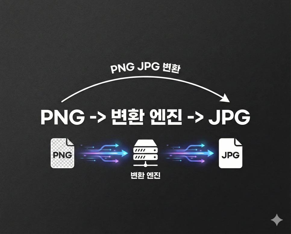 PNG JPG 변환 시 발생하는 용량 감소와 화질 유지 알고리즘을 설명하는 다크 테마 인포그래픽